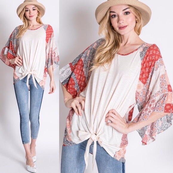 Davi & Dani Tops - Abigail Boho Patchwork Tie Front Draped Top